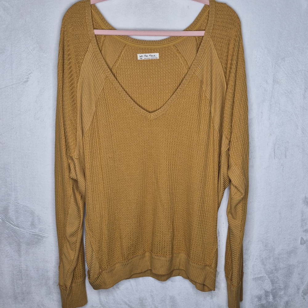Free People We The Free Honey Waffle Knit V Neck Shirt Size Large